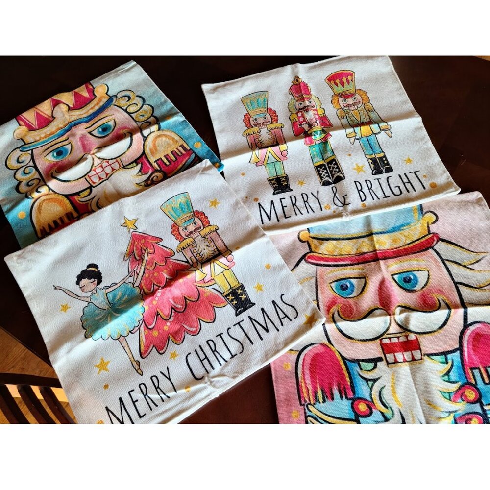Christmas Pillow Covers Nutcracker Decoration Accent Holiday Xmas Decor Blue 4pc
